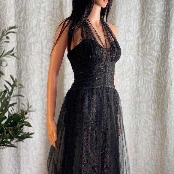 Vintage 90s Badgley Mischka Couture Black Tulle Beaded Jacquard Corset Dress 2 - Picture 1 of 8